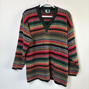 In Charge Vintage Sweater‎ Womens L Red Green Gold Striped V Neck Holiday USA
